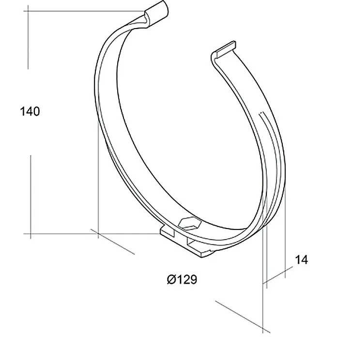 Air-Circle Rundrohr-Halter - Durchmesser: 125 mm - Darstellung einer Rohrschelle mit den Maßen 140 mm Höhe, 129 mm Durchmesser und 14 mm Breite.