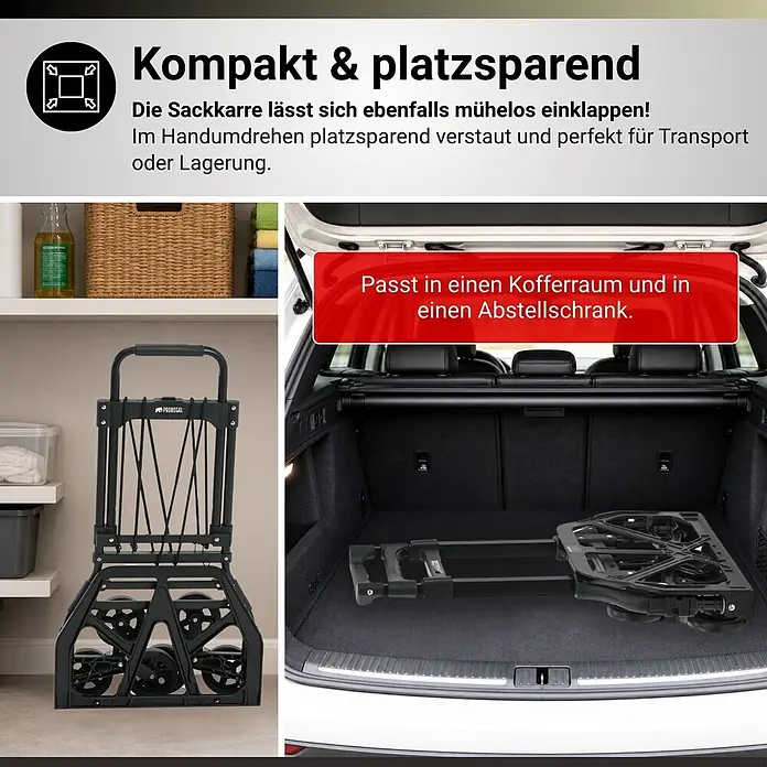Klappbare Alu-Treppensackkarre ELEPHANT | Traglast 150kg | HxBxT 112x49x58cm | Aluminiumrahmen, ergonomische Griffe, pannensichere Vollgummibereifung | Schwarz | Treppensteiger Transportkarre Staplerkarre -  - Schwarze, klappbare Sackkarre, die kompakt verstaut und auch im Kofferraum transportiert werden kann.