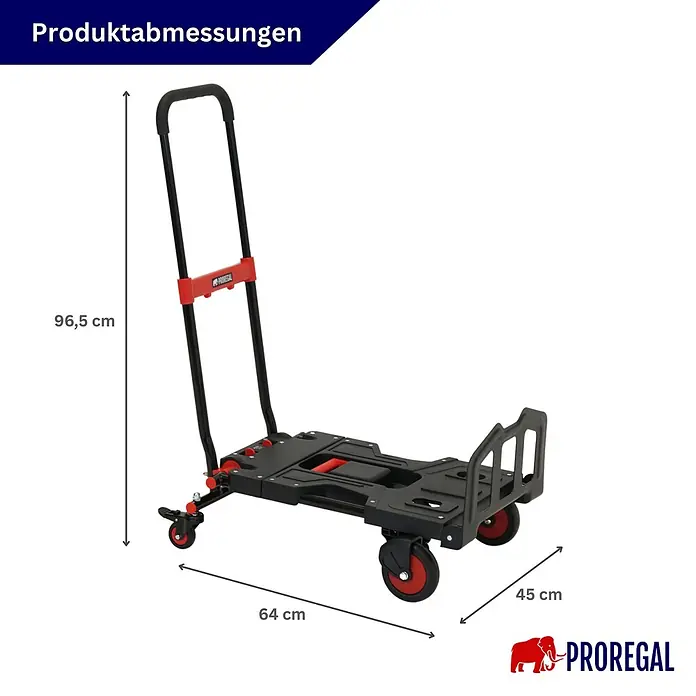 Proregal Sackkarre 2-in-1 Sackkarre & Plattformwagen klappbar KODIAK 150 kg Tragkraft Stahl - Stahl, Traglast: 150 kg - Schwarze und rote faltbare Sackkarre mit den Maßen 96,5 cm Höhe, 64 cm Länge und 45 cm Breite.