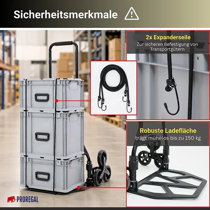 Proregal Treppen-Sackkarre ELEPHANT 110 aus Aluminium mit klappbarer Schaufel & Vollgummibereifung - Aluminium, Traglast: 150 kg - Schwarze klappbare Sackkarre mit Treppensteiger-Rädern, robuster Ladefläche bis 150 kg und Spanngurten zur Ladungssicherung.