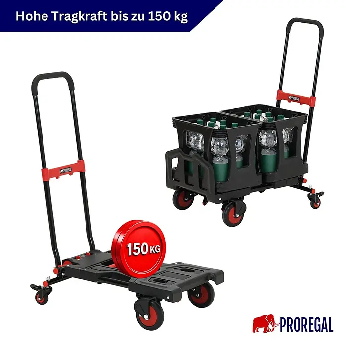 Proregal Sackkarre 2-in-1 Sackkarre & Plattformwagen klappbar KODIAK 150 kg Tragkraft Stahl - Stahl, Traglast: 150 kg - Schwarzer, klappbarer Transportwagen mit roten Akzenten, als Flachkarre mit 150 kg Gewicht und als Sackkarre mit zwei Flaschenkästen dargestellt.