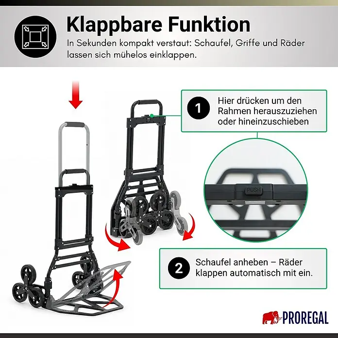Proregal Treppen-Sackkarre ELEPHANT 110 aus Aluminium mit klappbarer Schaufel & Vollgummibereifung - Aluminium, Traglast: 150 kg - Ein schwarzer und silberner klappbarer Sackkarren, der seine Faltfunktion für Griff und Räder demonstriert.