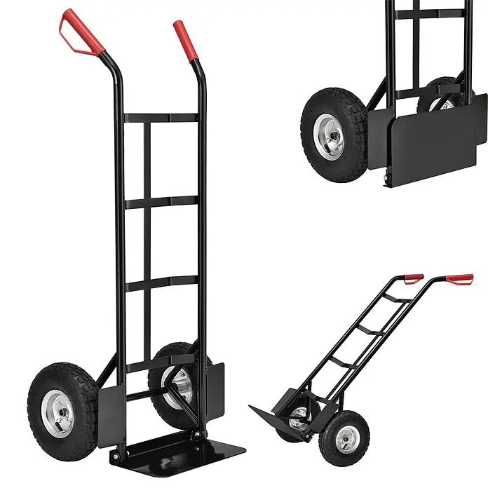 Sackkarre Basic in schwarz mit roten Griffen klappbar -  - Vielseitige schwarze Sackkarre aus Metall mit roten Griffen und Luftreifen, aufrecht und gekippt dargestellt.