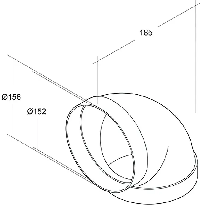 Air-Circle Rundrohr-Bogen - Durchmesser: 150 mm, Winkel: 90 ° - Abbildung eines Rohrbogens mit den Maßen Ø152, Ø156 und 185 mm. Technische Zeichnung des Winkelstücks für Rohrleitungen.