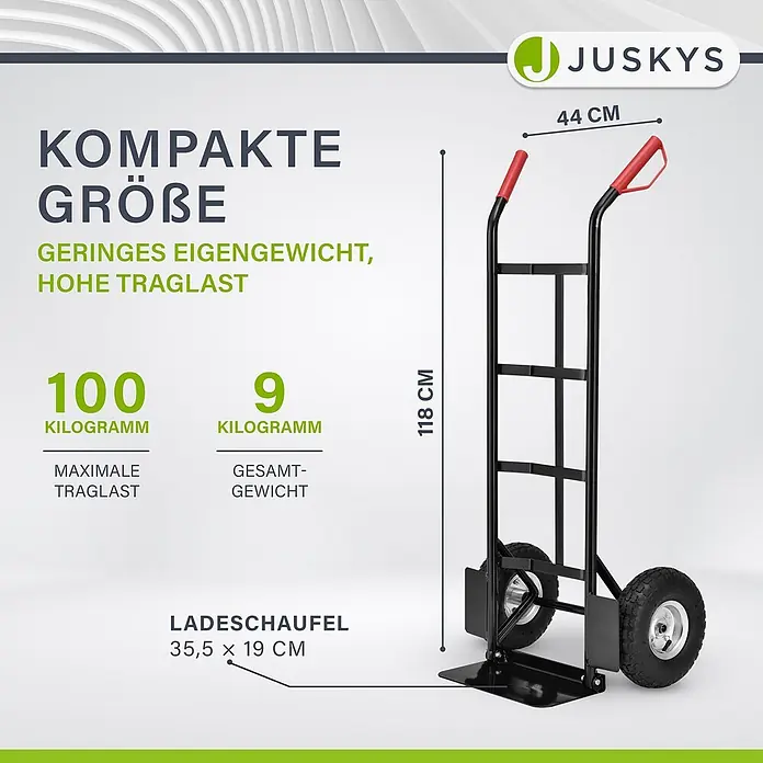 Sackkarre Basic in schwarz mit roten Griffen klappbar -  - Schwarze Sackkarre mit roten Griffen, 118 cm hoch, 44 cm breit. Mit 35,5x19 cm Ladeschaufel, 100 kg Tragkraft, 9 kg Eigengewicht.