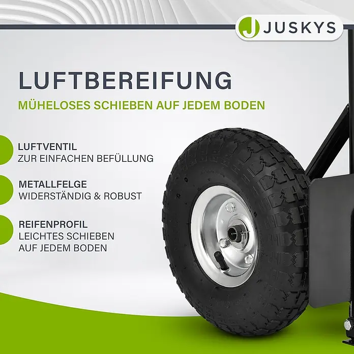 Sackkarre Basic in schwarz mit roten Griffen klappbar -  - Schwarzer Luftreifen mit silberner Metallfelge für müheloses Schieben auf jedem Untergrund.