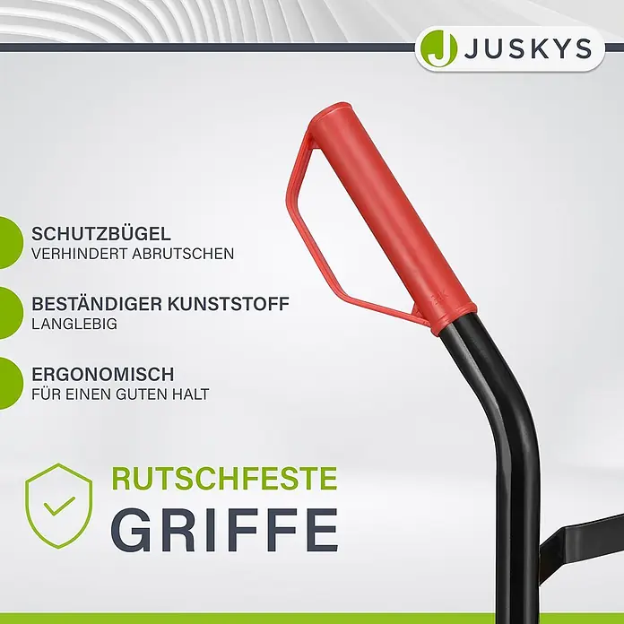 Sackkarre Basic in schwarz mit roten Griffen klappbar -  - Roter, ergonomischer Kunststoffgriff mit schwarzem Schaft und rutschfesten Merkmalen für sicheren Halt an einem Gartengerät.