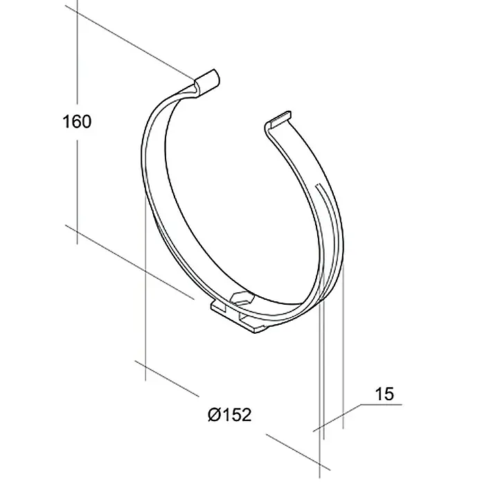 Air-Circle Rundrohr-Halter - Durchmesser: 150 mm - Eine schematische Darstellung einer Rohrschelle mit den Maßen 160 mm Höhe und einem Durchmesser von 152 mm, sowie einer Dicke von 15 mm.