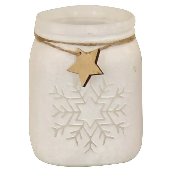 Teelichthalter Snowflake - Weiß, 11 x 11 x 14 cm - Weißes Milchglasgefäß mit geprägtem Schneeflockenmuster, verziert mit Bindfaden und einem Holzsternanhänger.