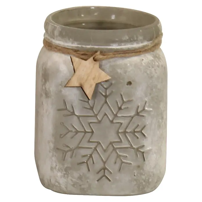 Teelichthalter Snowflake - Grau, 11 x 11 x 14 cm - Graues Glasgefäß im Used-Look mit Jutegarn, einem Holzstern und geprägtem Schneeflockendesign.