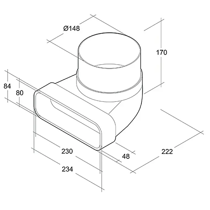 Air-Circle Flachkanal-Umlenkstück - Maße Anschlussstutzen: 230 x 80 mm, Durchmesser Anschlussstutzen: 150 mm - Produktdiagramm eines Rohrverbinders mit rechteckigem zu rundem Querschnitt und Bemaßungen.