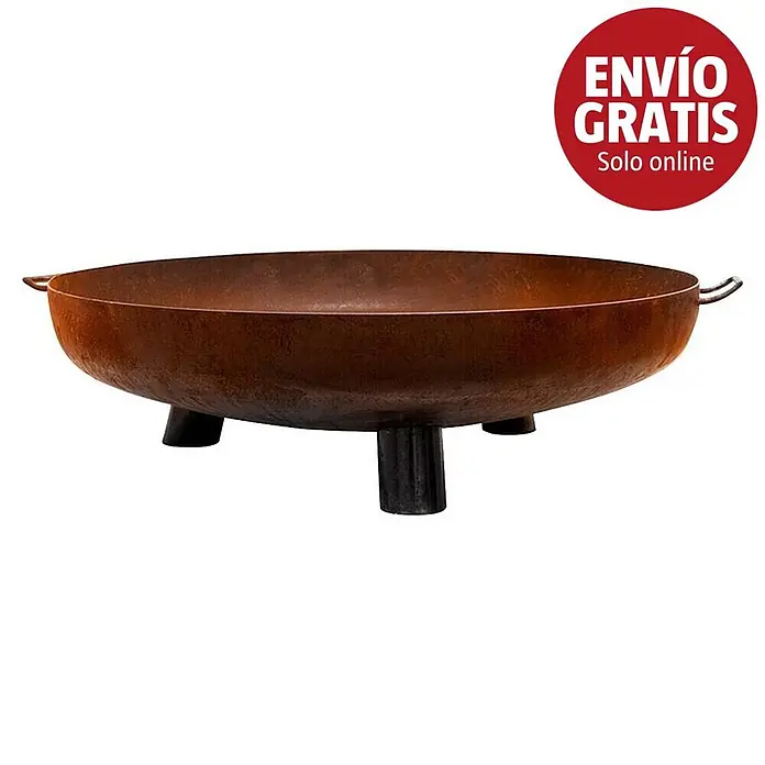Nora Flames Brasero Calsotera con patas - Diámetro: 100 cm, Acero Corten - Brasero de metal rústico con patas negras y asas laterales.
