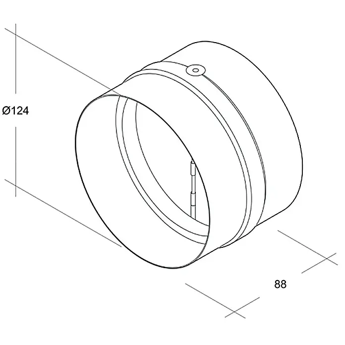 Air-Circle Rückluftsperrklappe - Durchmesser: 125 mm, Mit Rückstauklappe - Eine schematische Darstellung eines Kanalanschlussstücks mit Größenangaben für Design- und Baupläne.