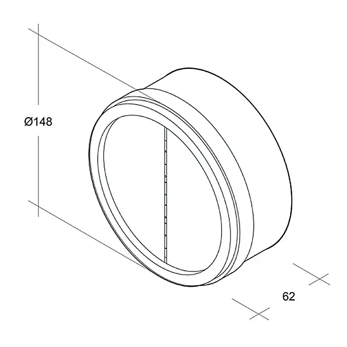 Air-Circle Rückluftsperrklappe - Durchmesser: 150 mm, Mit Rückstauklappe - Abbildung eines runden Kanals mit den Maßen Ø148 und 62.
