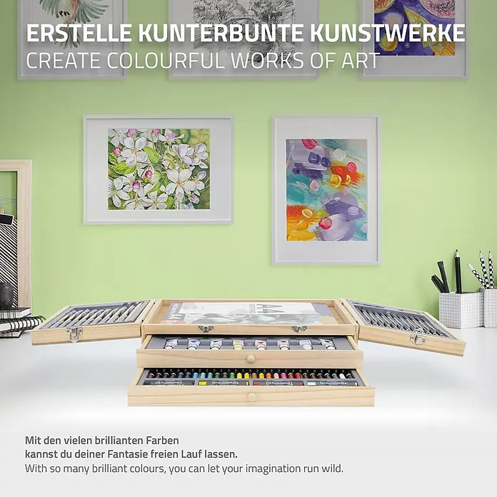 ECD Germany Malset Koffer 85-teilig, Künstlerset Maler, Zeichenset Kunstset -  - Offenes Malkasten aus Holz mit Farben, Stiften und Pastellen für kreative Nutzung.
