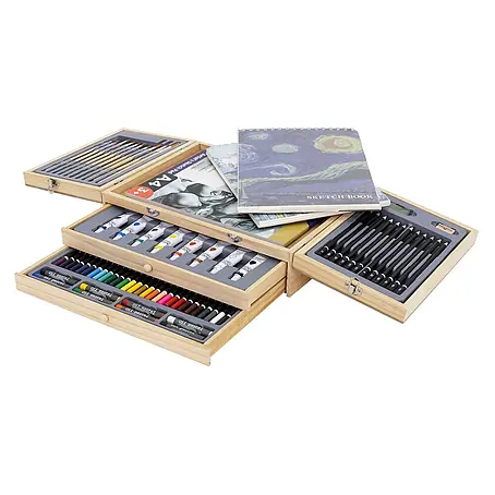 ECD Germany  Zeichenstift-Set Malset 85-Teilig mit 3 Zeichenblock, Acrylpad & Zubehör, Holzkoffer