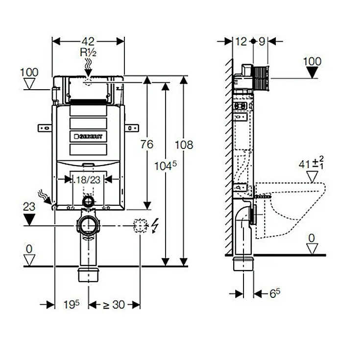 Geberit Unterputz-Spülkasten Kombifix Plus UP320 - 110.300.00.5 - 2-Mengen-Spülung, 12 x 42 x 76 cm - Abbildung einer Geberit-Installationseinheit mit Maßangaben für Sanitärinstallationen, ideal für Planer und Installateure.