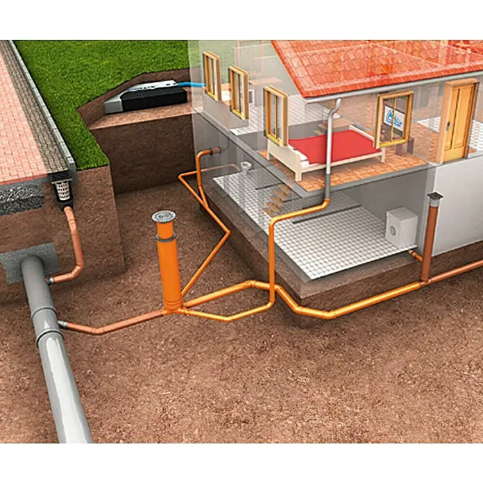 KG RohrNennweite: 160 mm, Länge: 2 m - Schematische Darstellung eines Hauses mit freiliegendem Abwassersystem, das die komplexe Installation unterstreicht.