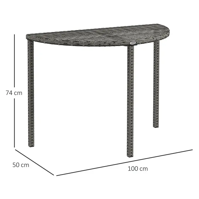 Outsunny Rattan Beistelltisch Grau L100 x B50 x H74 cm -  - Grauer halbmondförmiger Konsolentisch aus Geflecht, 100x50x74 cm, mit drei Beinen.