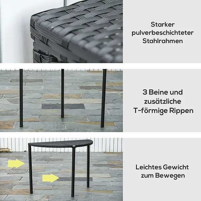Outsunny Rattan Beistelltisch Schwarz L100 x B50 x H74 cm -  - Dunkelgrauer halbmondförmiger Gartentisch aus Geflecht mit starkem Stahlrahmen, 3 Beinen und T-Rippen, leicht und stabil.