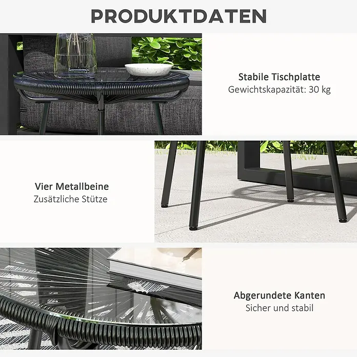 Furnicato Rattan-Beistelltisch schwarz, 50x50x50 cm -  - Schwarzer runder Beistelltisch mit Glasplatte, Geflechtdesign und Metallbeinen, der Stabilität, abgerundete Kanten und 30 kg Traglast zeigt.