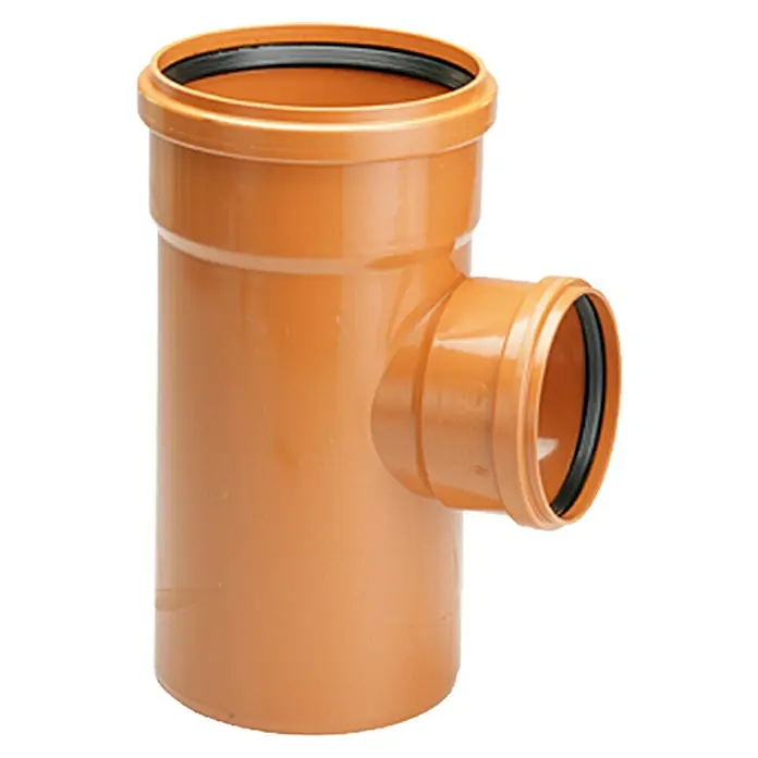 KG Abzweigung - Nennweite: 110 mm - 160 mm, 87 ° - Orangefarbenes T-Stück-Rohr für sanitäre Installationen. Das robuste Rohr verfügt über Dichtungsringe für eine sichere und wasserdichte Verbindung.