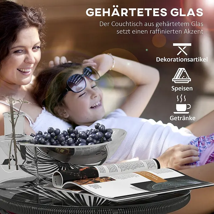 Furnicato Rattan-Beistelltisch schwarz, 50x50x50 cm -  - Eleganter Couchtisch aus gehärtetem Glas mit dunklem, geripptem Untergestell, dekoriert mit Vase, Trauben und Magazin für die Freizeit.
