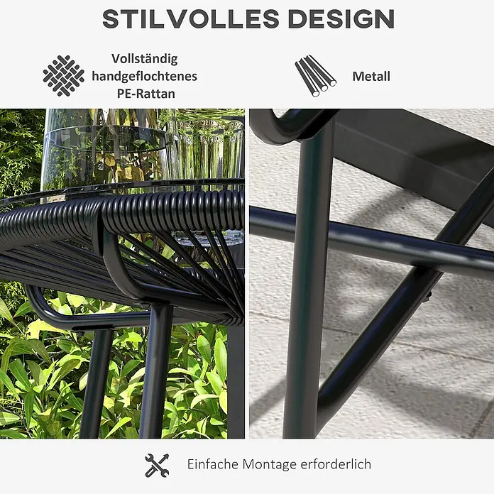Furnicato Rattan-Beistelltisch schwarz, 50x50x50 cm -  - Nahaufnahme eines schwarzen Outdoor-Möbelstücks, das handgeflochtenes PE-Rattan und einen robusten Metallrahmen zeigt. Einfache Montage.