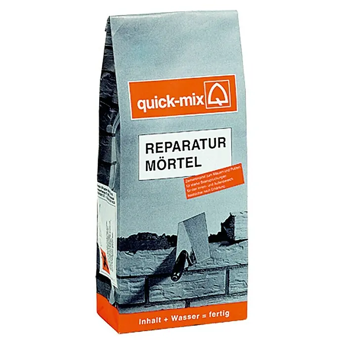 Quick-Mix Reparaturmörtel - 10 kg - Bild einer Packung Quick-Mix Reparaturmörtel, ideal für Mauer- und Putzarbeiten, mit der Aufschrift "Inhalt + Wasser = fertig".