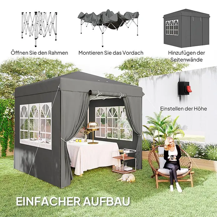 Outsunny Pavillon Dunkelgrau 250L x 250B x 268H cm -  - Graues Pop-up-Pavillon mit Seitenwänden und Fenstern in einem Garten, das den einfachen Aufbau mit klappbarem Rahmen und Dach zeigt.