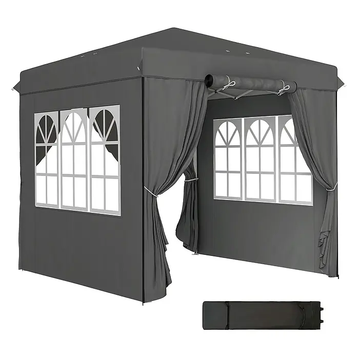 Outsunny Pavillon Dunkelgrau 250L x 250B x 268H cm -  - Dunkelgrauer Faltpavillon mit Seitenwänden, Fenstern und zurückgebundenen Vorhängen. Eine gefaltete Abdeckung ist unten abgebildet.