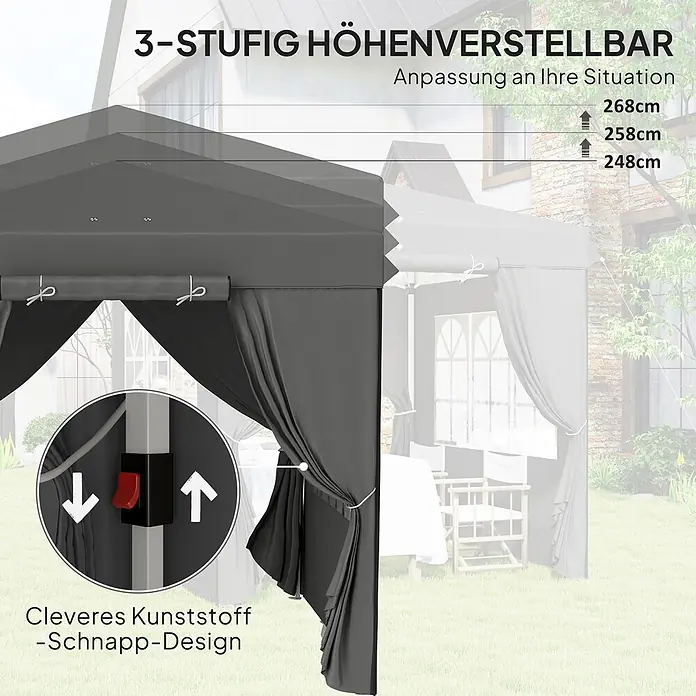 Outsunny Pavillon Dunkelgrau 250L x 250B x 268H cm -  - Dunkelgrauer Pavillon mit 3-stufiger Höhenverstellung (268, 258, 248 cm) und cleverem Kunststoffschnappverschluss.