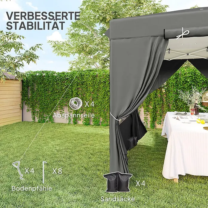 Outsunny Pavillon Dunkelgrau 250L x 250B x 268H cm -  - Dunkelgrauer Pavillon im Garten, der mit 4 Abspannseilen, 12 Bodenpfählen und 4 Sandsäcken für verbesserte Stabilität ausgestattet ist.