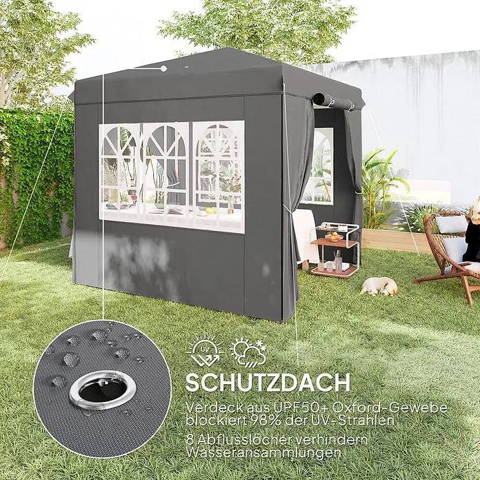 Outsunny Pavillon Dunkelgrau 250L x 250B x 268H cm -  - Dunkelgraues Gartenpavillon aus UPF50+ Oxford-Gewebe mit UV-Schutz und Abflusslöchern.