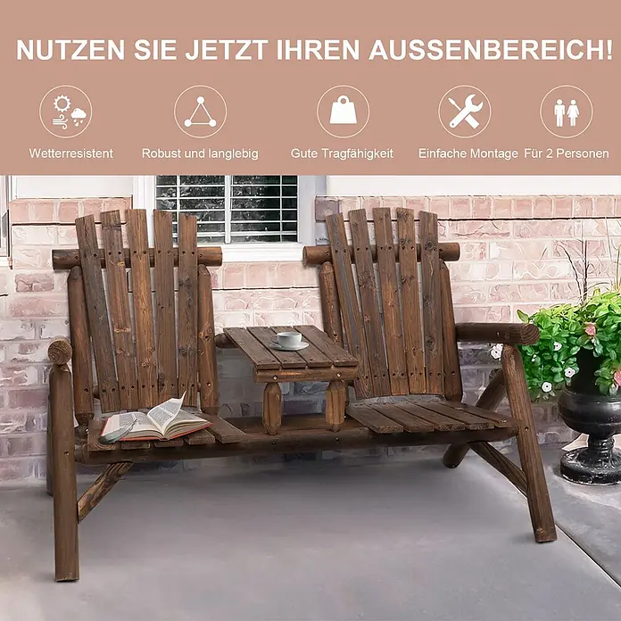 Outsunny Gartenbank - B x T x H: 157 x 88 x 103 cm, Tannenholz, Braun - Dunkelbraune Holzgartenbank mit zwei Sitzen und integriertem Beistelltisch für den Außenbereich.