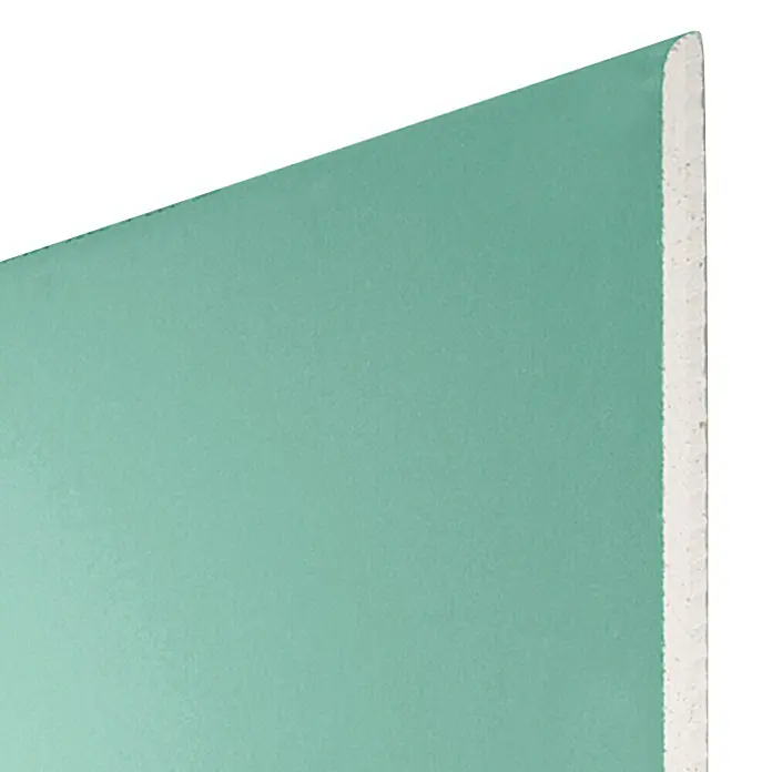 Knauf Gipskartonplatte Top 2000 GKFI - 1.250 x 900 x 12,5 mm, Imprägniert - Nahaufnahme einer grünen Gipskartonplatte, die ihre Textur und Dicke hervorhebt, ideal für Bau- und Renovierungsprojekte.
