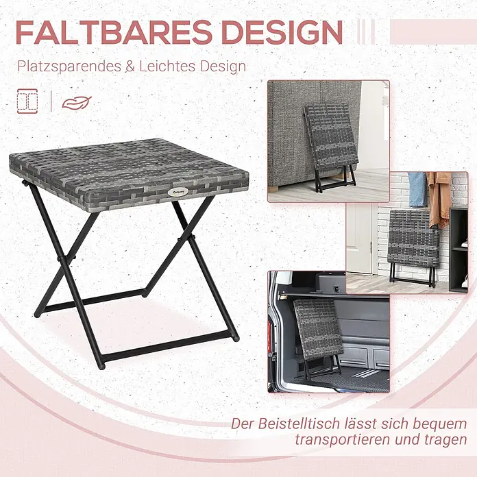 Outsunny Garten-Beistelltisch mit Stahlrahmen - Stahl, PE-Ratten, Klappbar, Quadratisch, Grau - Grauer Beistelltisch in Rattan-Optik, klappbar mit schwarzen Beinen, platzsparend zu verstauen und leicht zu transportieren.