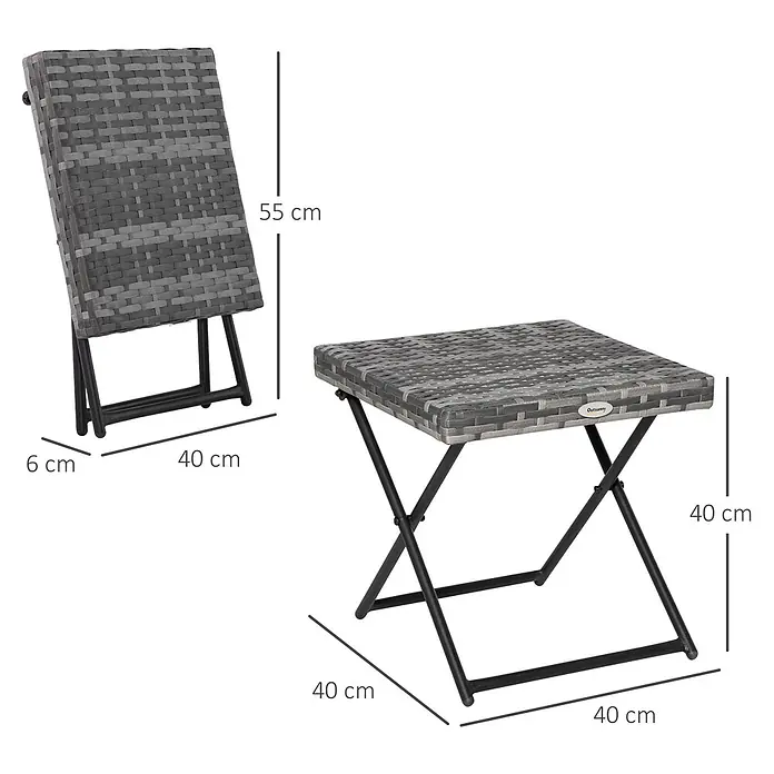 Outsunny Garten-Beistelltisch mit Stahlrahmen - Stahl, PE-Ratten, Klappbar, Quadratisch, Grau - Grauer Klapptisch in Rattan-Optik mit schwarzem Metallgestell, zusammengeklappt und ausgeklappt mit Maßen.