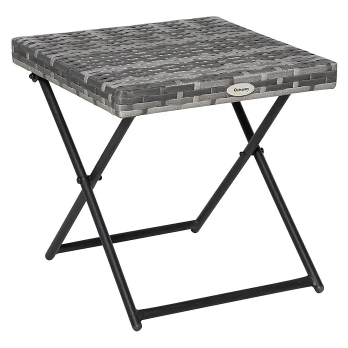 Outsunny Garten-Beistelltisch mit Stahlrahmen - Stahl, PE-Ratten, Klappbar, Quadratisch, Grau - Quadratischer grauer Flecht-Klapptisch mit schwarzen Metall-Kreuzbeinen.