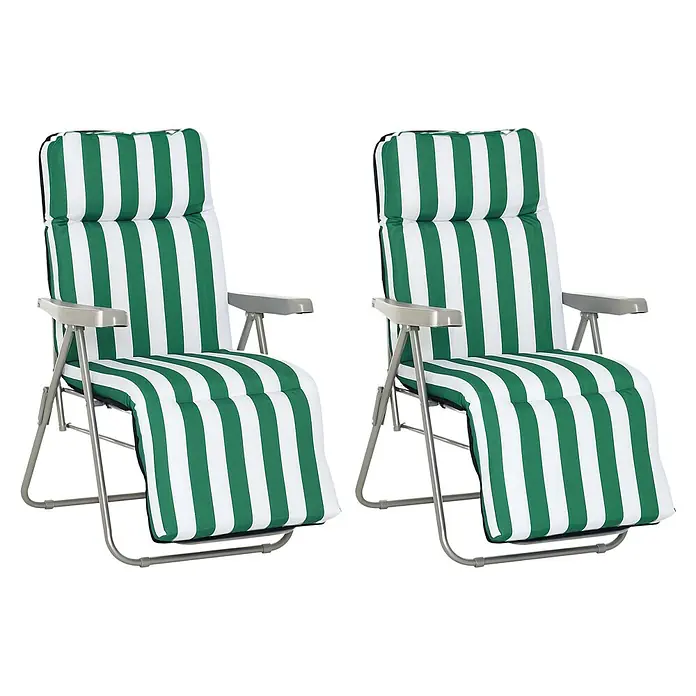 Outsunny Garten-Positionssessel - Grün+Weiß - Zwei Klappliegen mit grün-weiß gestreiften Polstern und silbergrauen Rahmen.