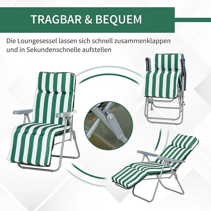Outsunny Garten-Positionssessel - Grün+Weiß - Grün-weiß gestreifter Loungesessel, in geklappter, aufrechter und liegender Position, zeigt Tragbarkeit und Verstellbarkeit.