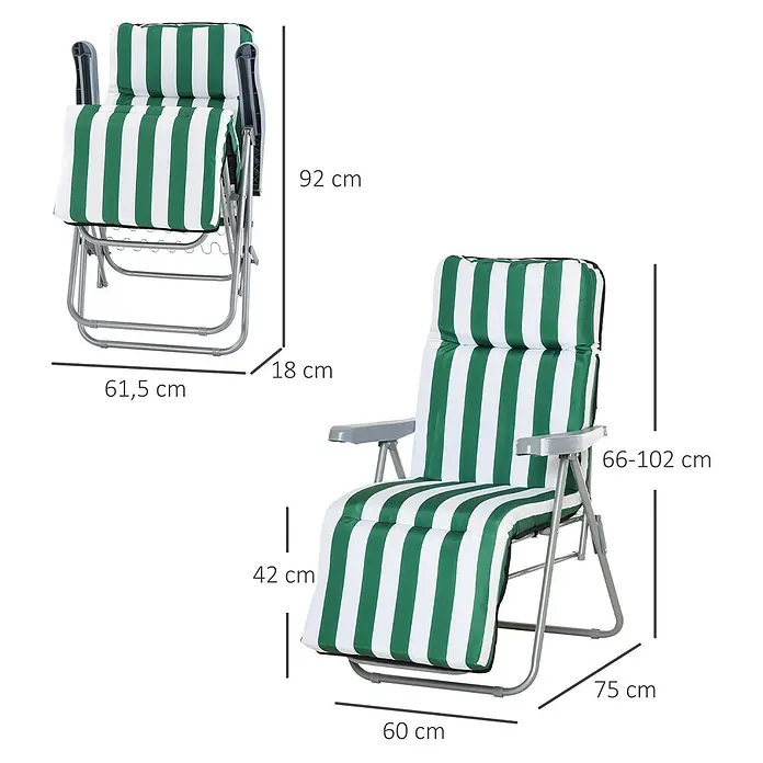 Outsunny Garten-Positionssessel - Grün+Weiß - Grün-weiß gestreifter Gartenliegestuhl, gefaltet und entfaltet mit Maßen dargestellt.