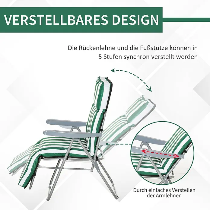 Outsunny Garten-Positionssessel - Grün+Weiß - Grün-weiß gestreifter Gartenliegestuhl mit grauem Metallrahmen, zeigt die 5-stufige Einstellung von Rückenlehne und Fußstütze über die Armlehnen.