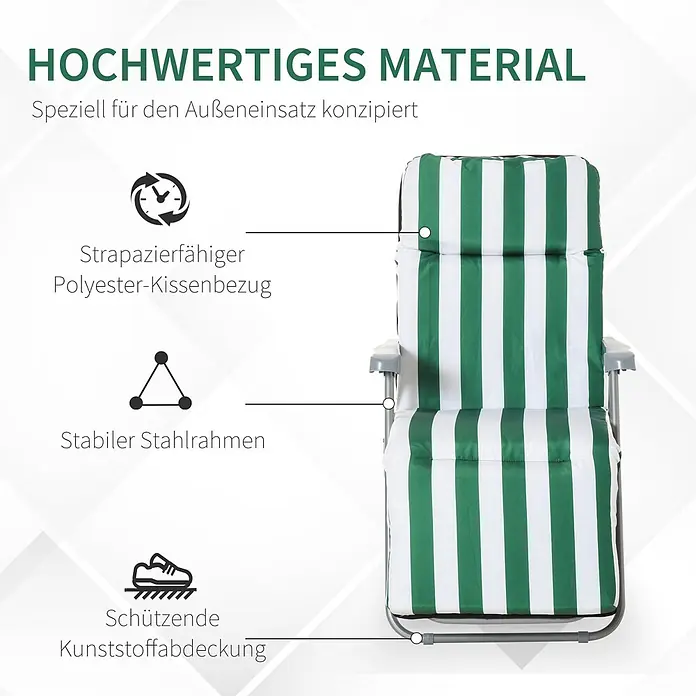 Outsunny Garten-Positionssessel - Grün+Weiß - Grün-weiß gestreifter Gartenliegestuhl mit strapazierfähigem Polyesterkissen, stabilem Stahlrahmen und schützenden Kunststoffkappen.