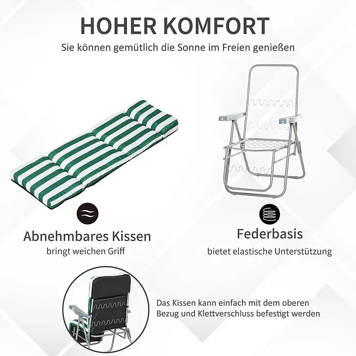 Outsunny Garten-Positionssessel - Grün+Weiß - Klappbarer Gartenstuhl mit grün-weiß gestreiftem Kissen. Bietet Federbasis und abnehmbares Kissen für Komfort.