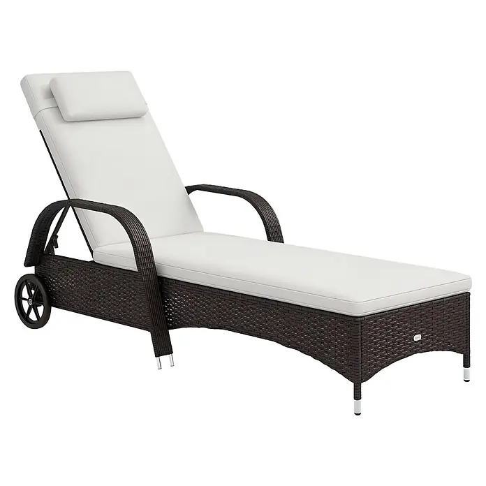 Outsunny Gartenliege - Kaffeebraun+Creme, Metall - Braune Rattan-Chaiselongue mit weißem Kissen und Rädern. Die Rückenlehne ist verstellbar.