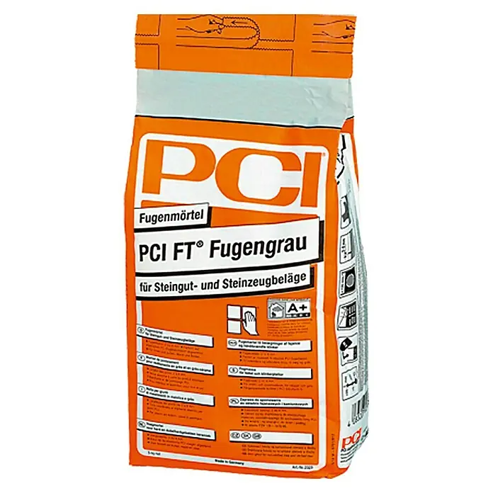 PCI FT FugengrauHellgrau, 5 kg - Produktdarstellung: Ein Sack PCI Fugenmörtel FT Fugengrau für Steinzeug- und Steingutbeläge.