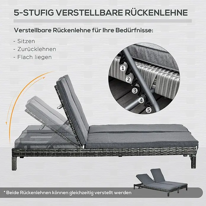 Outsunny Gartenliege - Grau, Polyester - Graue Rattan-Doppelliege mit grauen Kissen und 5-fach verstellbarer Rückenlehne für verschiedene Positionen.