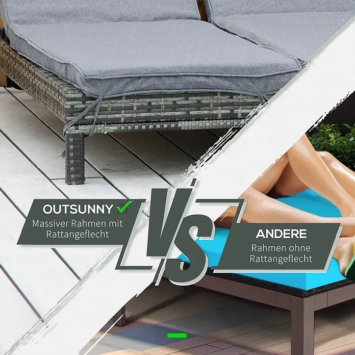 Outsunny Gartenliege - Grau, Polyester - Vergleich zweier Gartenliegen. Links: Outsunny Liege mit grauen Kissen und stabilem Rattan-Geflechtrahmen. Rechts: Andere Liege mit Massivrahmen und blauem Kissen.