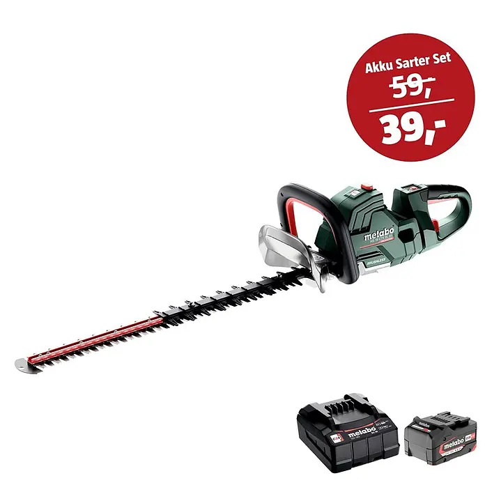 Metabo CAS 18V Maschinen-Set - Akku-Heckenschere HS 18 LTX BL 65 + 39€ Akku-Basis-Set - Metabo Akku Sarter Set: grün/schwarze Akku-Kettensäge (15 cm Blatt) und zwei Akkus.